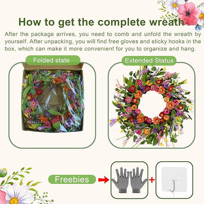 Artificial Spring Wreath 22 Inch Summer Wreaths for Front Door with Green Eucalyptus Leaves Pink Daisy Lavender Spring Door Wreath for Farmhouse Wall Wedding Home Porch Easter
