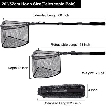 PLUSINNO Fishing Net Fish Floating Landing Net, Kayak Nets with Fixed Foldable Telescopic Pole Handle,Bass Trout Fishing Nets with Nylon Mesh for Pond Lake River,Fishing Gear Gifts for Men,Black 1.5M