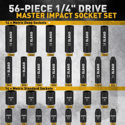 ELEAD 1/4" Drive Impact Socket Set, 56-Piece Standard SAE (5/32 to 9/16 inch) and Metric (4-15mm) Size, Deep & Shallow, 6 Point, Cr-V, 72-Tooth Ratchet Handle, Extension Bar, Universal Joint