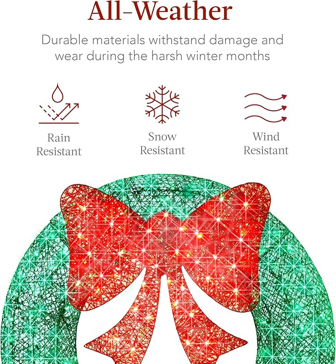 Best Choice Products 36in Pre-Lit Outdoor Christmas Wreath Decoration, LED Metal Holiday Decor for Home w/ 120 Lights, Bow - Green/Red