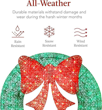 Best Choice Products 36in Pre-Lit Outdoor Christmas Wreath Decoration, LED Metal Holiday Decor for Home w/ 120 Lights, Bow - Green/Red