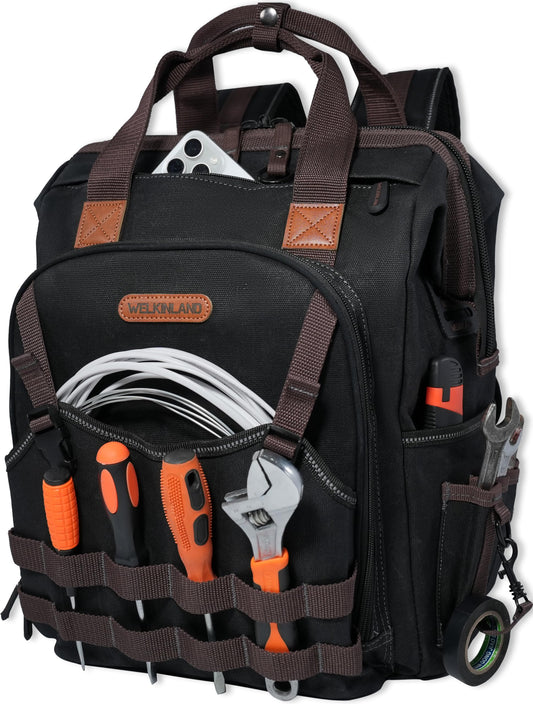 WELKINLAND 88-Pockets Waxed- Canvas HAVC Tool Backpack,Heavy-Duty electrician tools backpack,Open-Top technician tool bag backpackTool back pack for construction