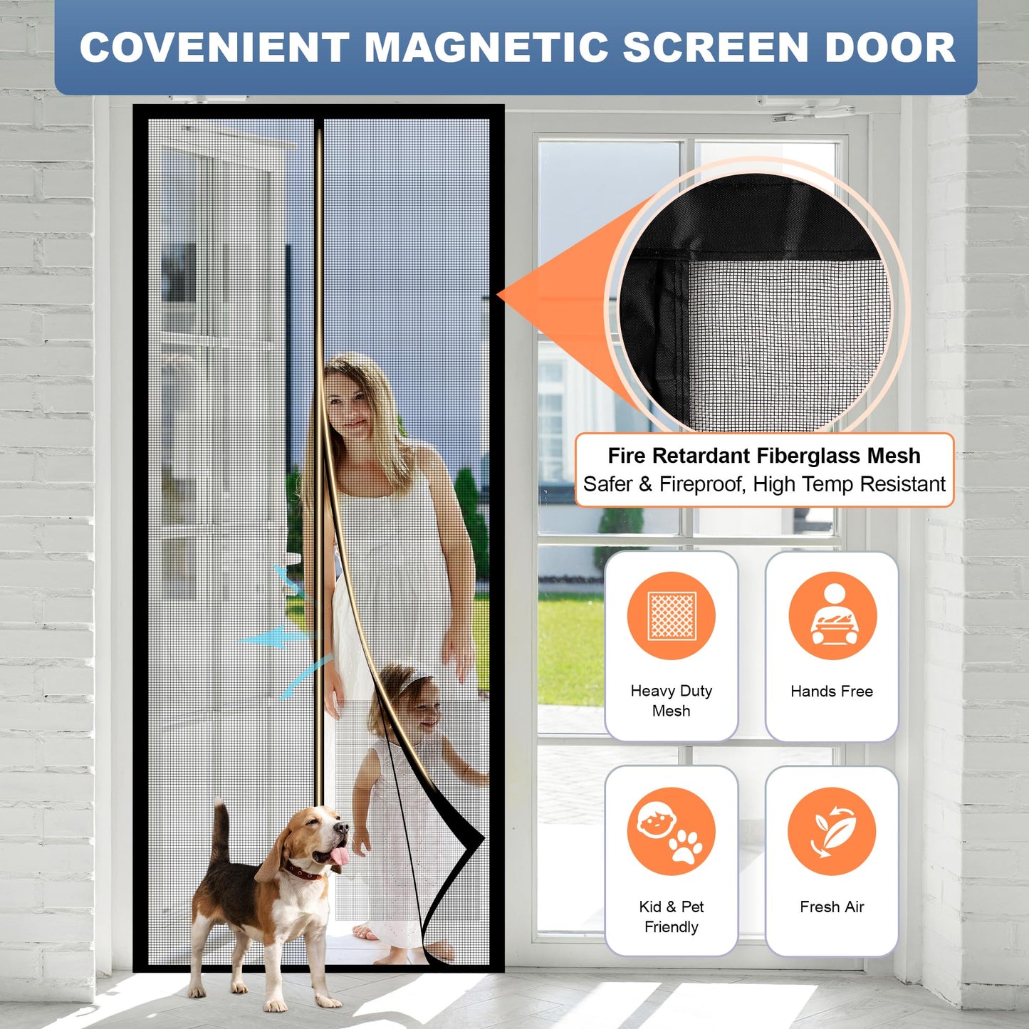 METAONLY Fiberglass Magnetic Screen Door Mesh, Works for Patio, Sliding Door, Keeps Bug Mosquito Out, Fresh Air Flow, Fits 36" x 82" Door - Curtain Size 38" x 83", Black
