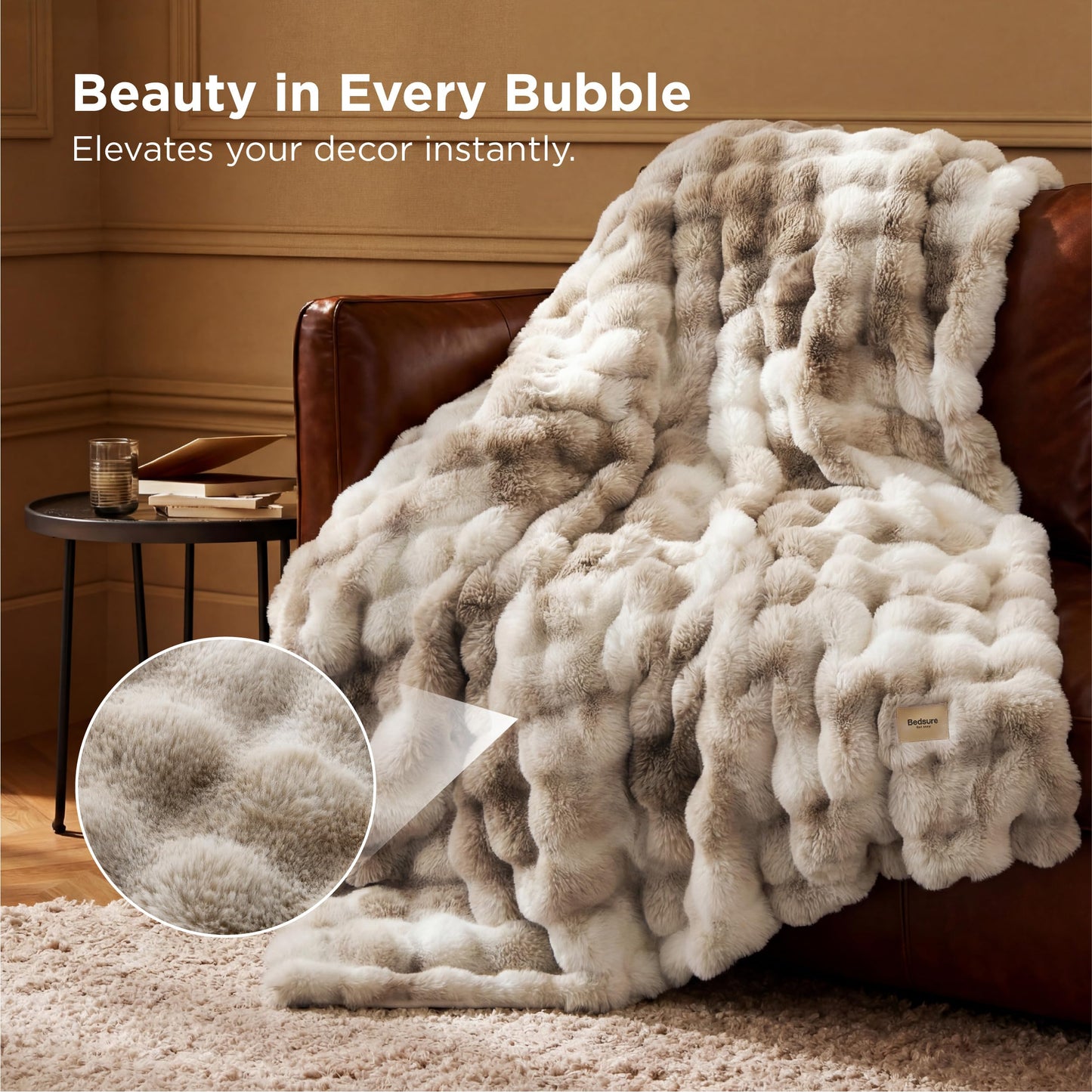Bedsure Soft Fluffy Faux Fur Throw Blanket for Couch Cozy Gifts for Women, Fuzzy Fleece Bubble Blanket for Sofa Chair, Tie Dye Taupe Cloud Throw Coloring Bed Cover, Tan Brown Thick Warm Plush Bedding