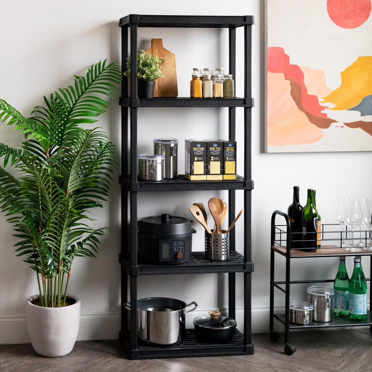 IRIS USA 5-Shelf Light Duty Plastic Storage Shelves, 250lb Capacity, 64"H x 24"W x 12"D, Medium Modular Shelving Unit Storage Organizer for Garage, Home, Bathroom & Laundry, Storage Rack - Black