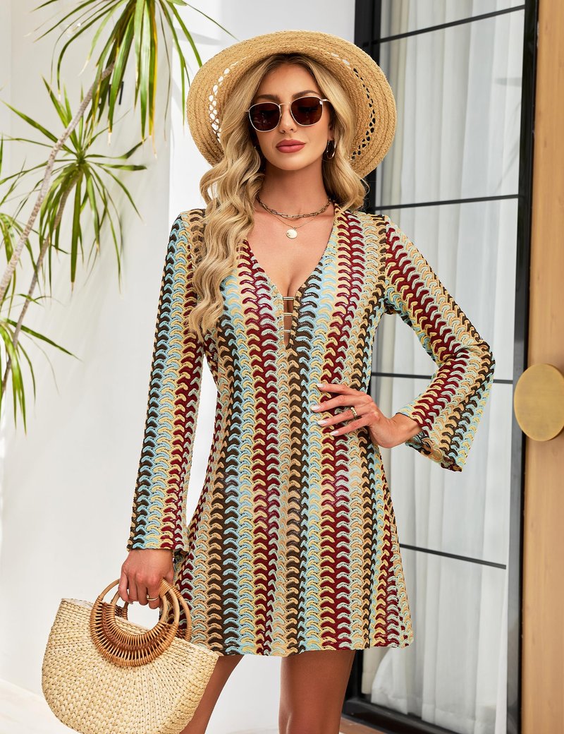 Blooming Jelly Women Beach Cover Ups Crochet Knit Swimsuit Coverup 2026 Summer Swimwear Bathing Suit Hollow Out Dress Vacation Outfits (Boho Multicolor,Medium)