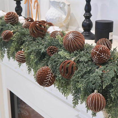 4inch Velvet Ornaments for Christmas Tree, 9PCS Glitter Flocked Christmas Ornaments Decorations Balls Set Decor Brown