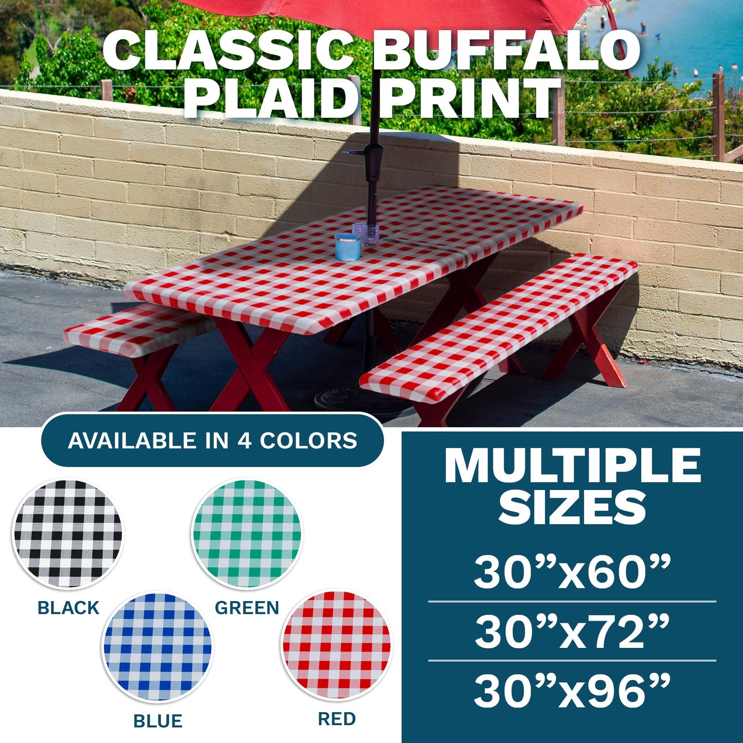 Sorfey Vinyl Umbrella Picnic Table and Bench Fitted Tablecloth Cover, Checkered Design, Flannel Backed Lining, 30x96 Inch, 3-Piece Set, Green