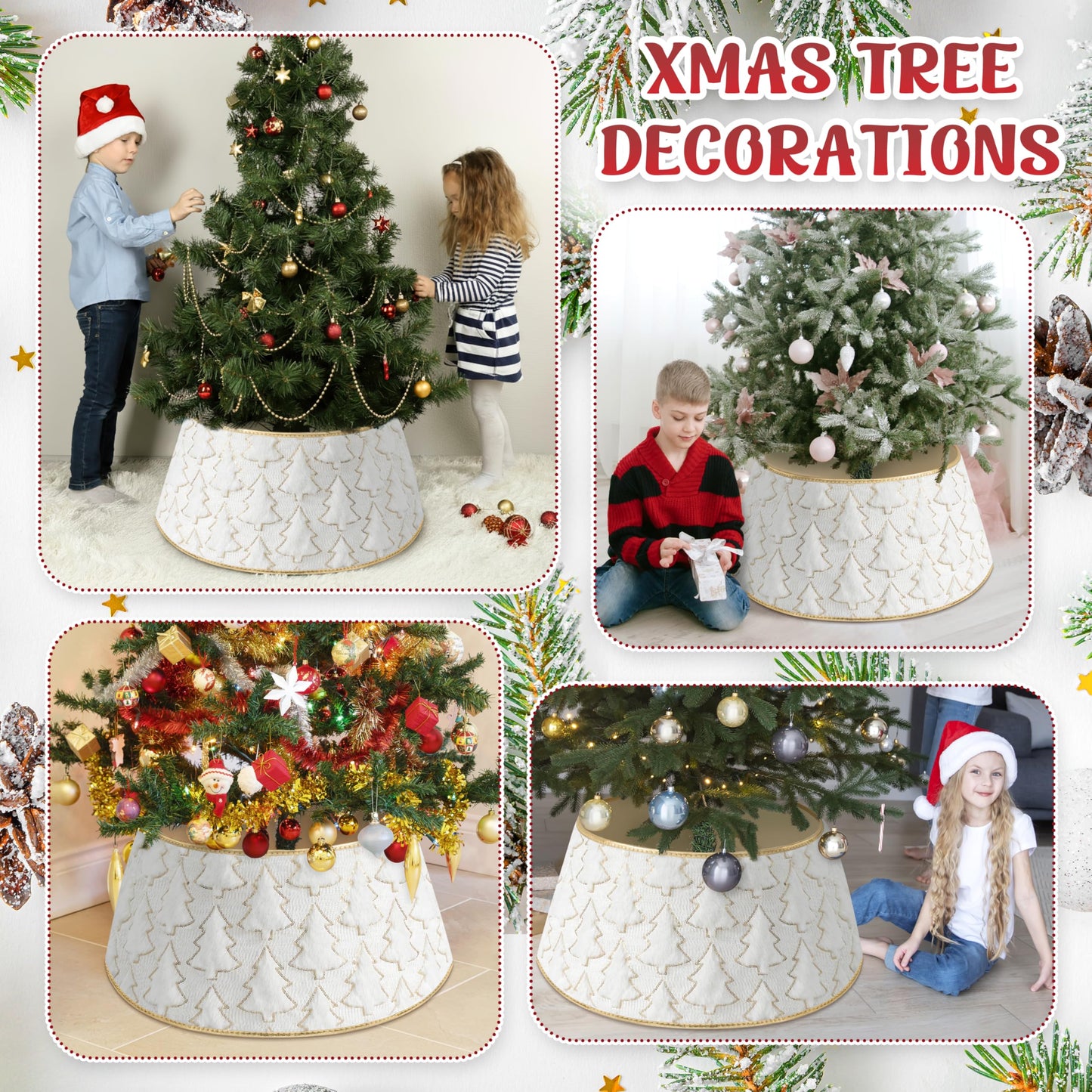 Faux Plush Christmas Tree Collar,Rustic Farmhouse Tree Skirt Ring with Xmas Tree Textured Pattern for Holiday Christmas Indoor Home Decor（White）