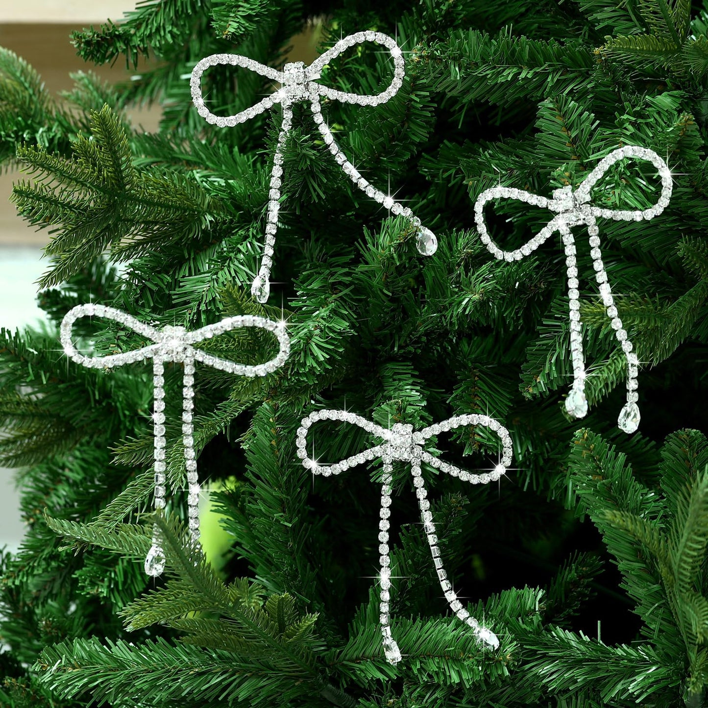 Highergo 12 Pcs Rhinestone Christmas Bows Ornaments Sparkly Glitter Bow Christmas Tree Ornaments for Xmas Wreath Garland Fireplace Home Decorations(Classic Style,Silver)
