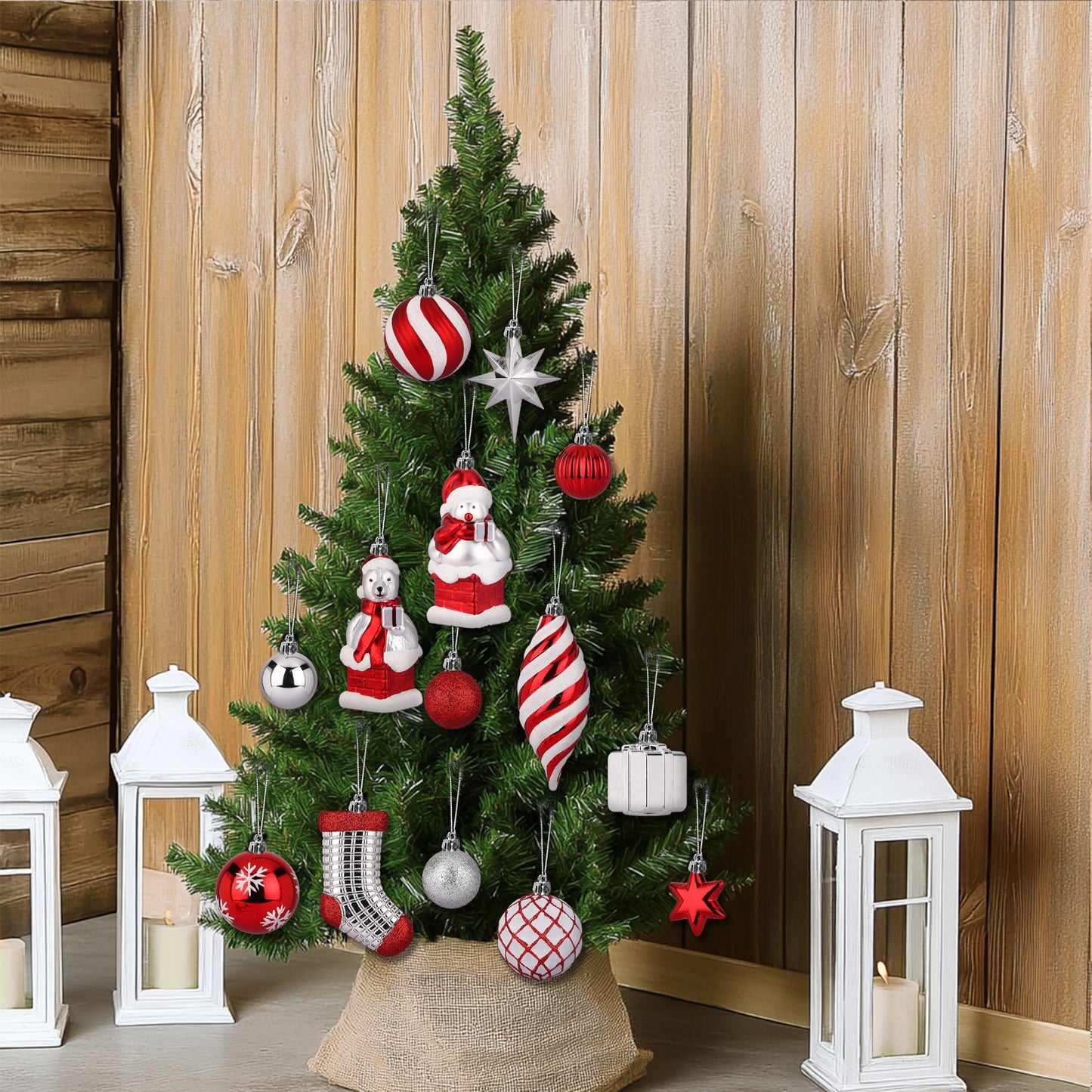 Alupssuc 112pcs Christmas Balls Ornaments Set, Shatterproof Plastic Baubles Christmas Penguin, Polar Bear for Xmas Tree Holiday Wedding Party Decorations with Hanging Strings, Red, Silver and White