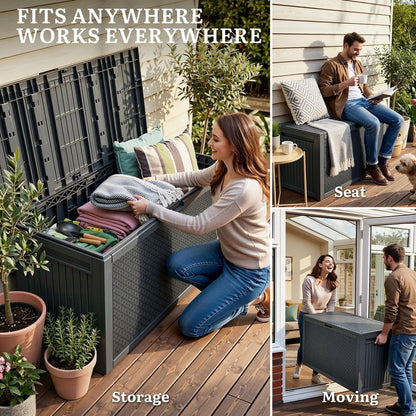 YITAHOME 95 Gallon Outdoor Storage Deck Box, Waterproof Resin Deck Box w/Handles, Lockable Outdside Deck Box for Patio Furniture, Garden Tools, Lockable & UV Resistant(Dark Gray)