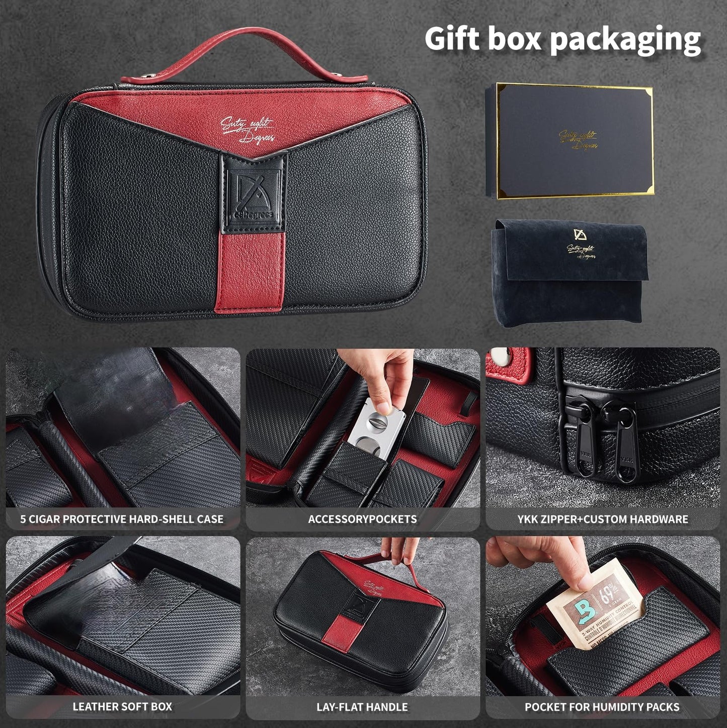 68 Degrees Leather Travel Case – Red Portable Organizer with 3 Accessory Pockets, Full Grain Hard Shell, Zipper, Gift Pouch for Men
