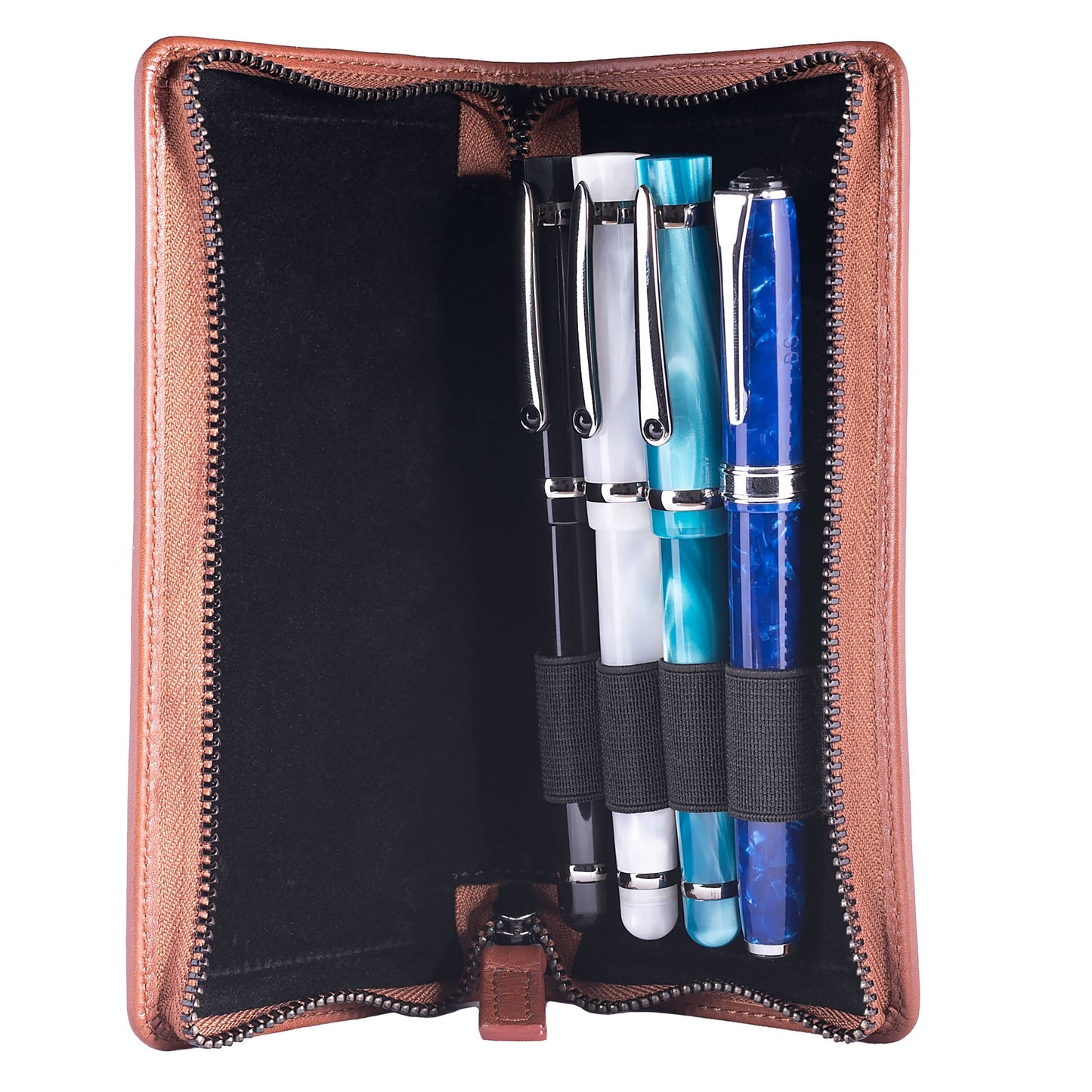 DiLoro Leather Zippered Triple or Quad Pen Case Pencil Pouch Holder for Three or Four Fountain Ballpoint Rollerball Pens or Glasses (Nappa Bugatti)