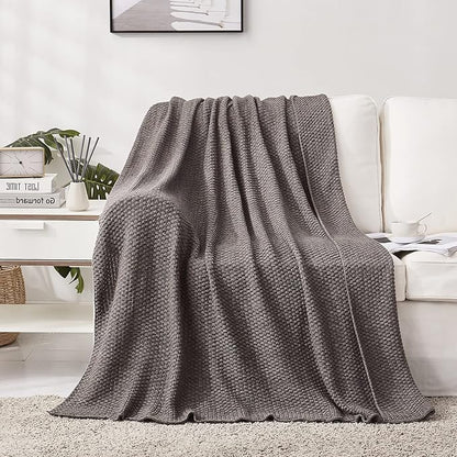 Longhui bedding Grey Knitted Throw Blanket for Couch, Soft, Cozy Machine Washable 100% Cotton Sofa Cable Knit Blankets, 4.0lb Weight, 60 x 80 Inches Oversized, Grey White Color