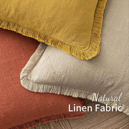 MIULEE Fall Decorative Throw Pillow Covers Neutral Linen Fringe Throw Pillows Set of 2 Burnt Orange Boho Farmhouse Cushion Covers with Tassels for Couch Sofa Bed Living Room Home Decor 18x18 Inch