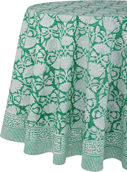 ATOSII Meadow Green 100% Cotton Summer Round Tablecloth, Block Print Table Cloth for Dining, Weddings, Outdoors, Parties I Grand Millenial Farmhouse Coastal Boho Home Decor 90" Inches