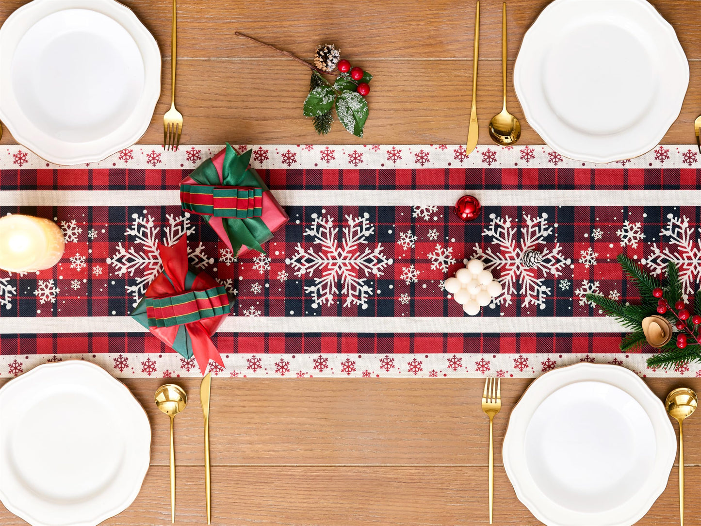 YATOJUZI Snowflake Table Runner - Christmas Red and Black Buffalo Plaid Table Runner Home Kitchen Dining Table Centerpieces Decorations for Christmas Xmas Holiday Party Decor 13"×72"