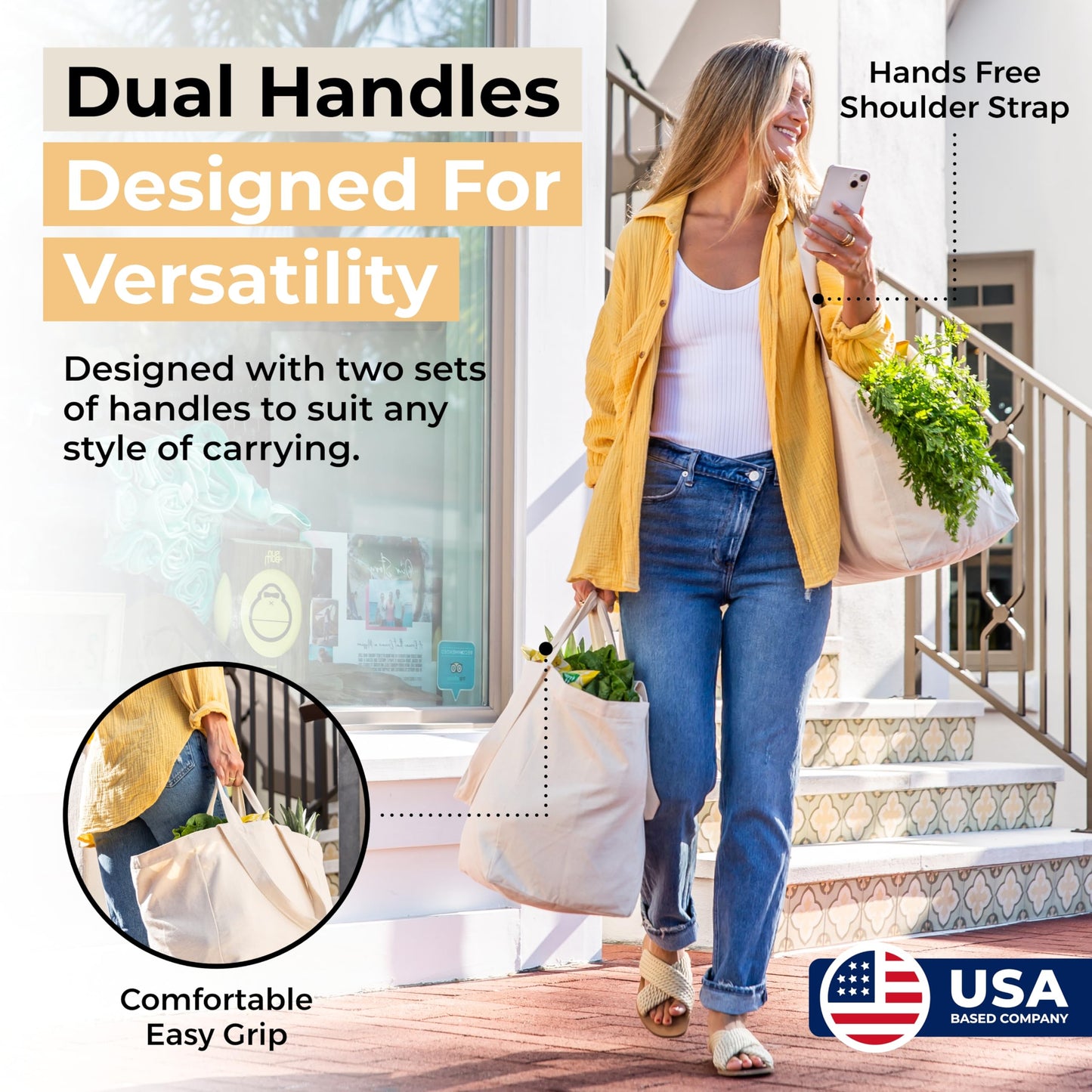 VeraMia 3pc Canvas Grocery Bags with Pockets, Shoulder Straps - Foldable, Washable Heavy Duty Tote