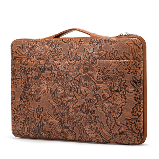 Kinmac Embossed PU Leather 360° Heavy Duty Protective Laptop Sleeve with Poacket (Coffee Flower, 15 inch-15.6 inch)