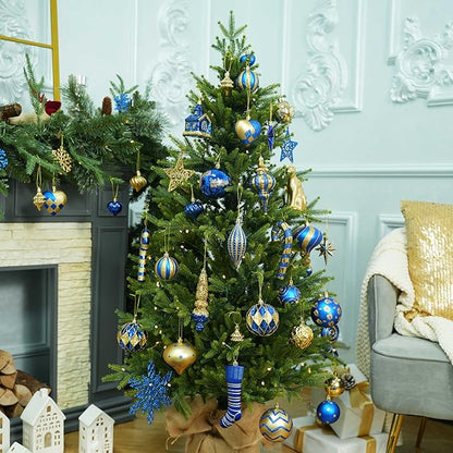 SHareconn 145pcs Christmas Balls Ornaments Set, Shatterproof Plastic Baubles Snowflakes, Stars and Tree Topper for Xmas Tree Holiday Wedding Party Decorations with Hanging Strings, Gold and Blue