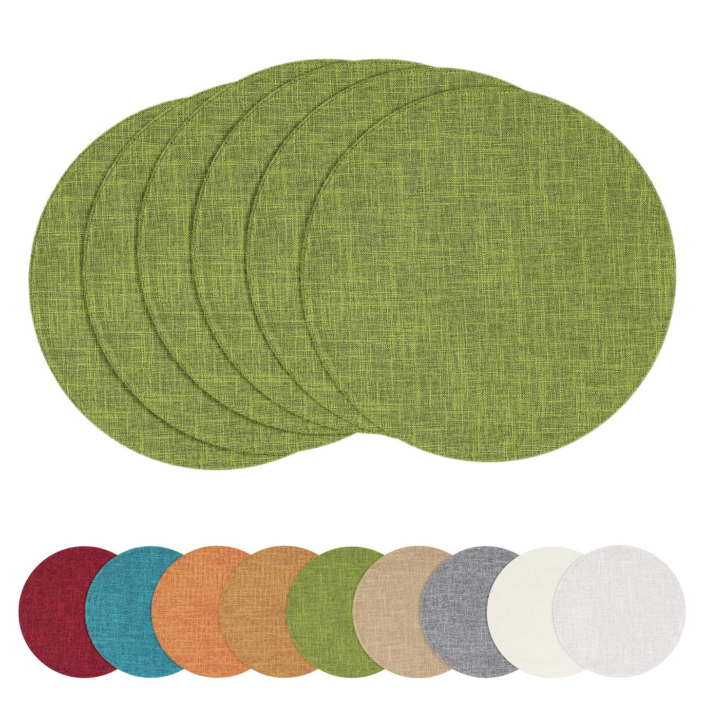 homing 15 Inch Round Cloth Placemats Set of 6, Cotton Linen Blend Washable Table Mats, Farmhouse Dining Place Mats for Indoors & Outdoors, Easy to Clean, Grass Green