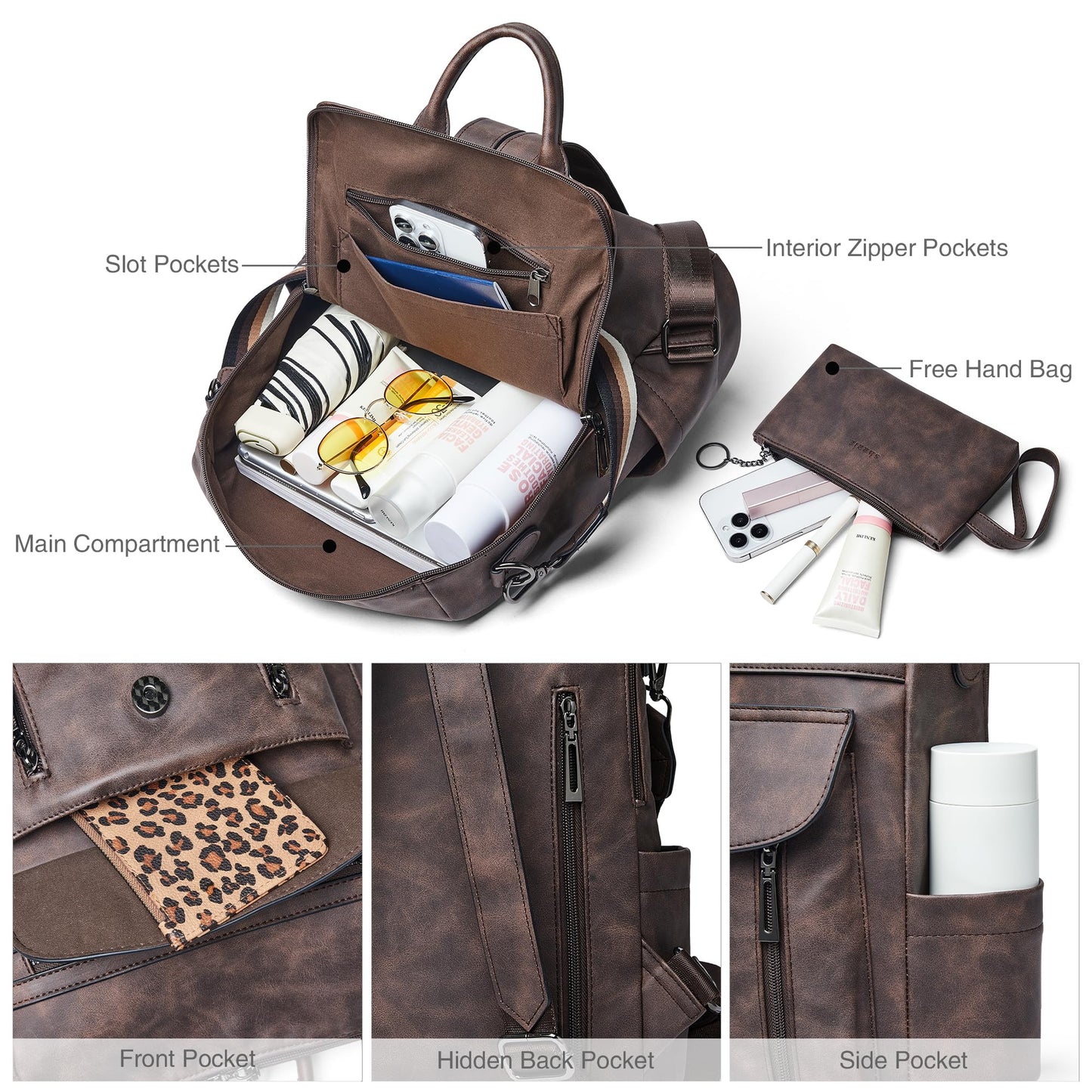 Shrrie Backpack Purse for Women Fashion Leather Backpack Purse Designer Travel Backpack Convertible Shoulder Bag with Wristlet for Work College