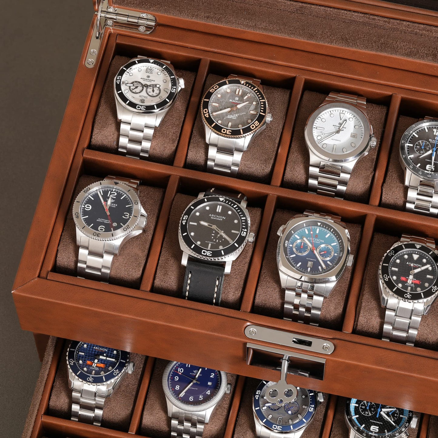 ROTHWELL 20 Slot Leather Watch box - Luxury Case Display Jewelry Organizer, - Locking Display Case Holder with Large Real Glass Top - Watch Box Organizer for Men and Women (Tan/Brown)