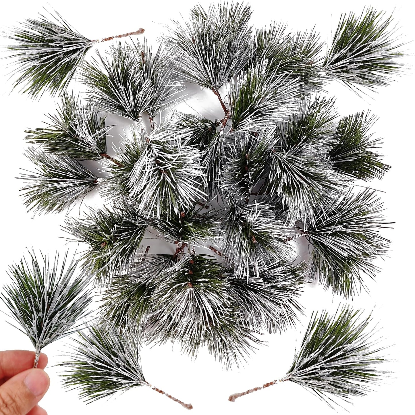 NSBELL 35PCS Artificial Green Pine Needles Branches, Small Pine Twigs Stems Picks, Fake Greenery Pine Picks for Christmas Garland, Wreath, Home Holiday Decoration (Green and White)