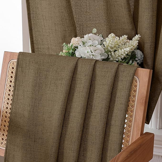 Tollpiz Linen Curtains Living Room Rod Pocket Semi Sheer Curtain Burlap Light Filtering Thick Linen Drapes for Bedroom, 38 x 63 inches Long, Brown, Set of 2 Panels