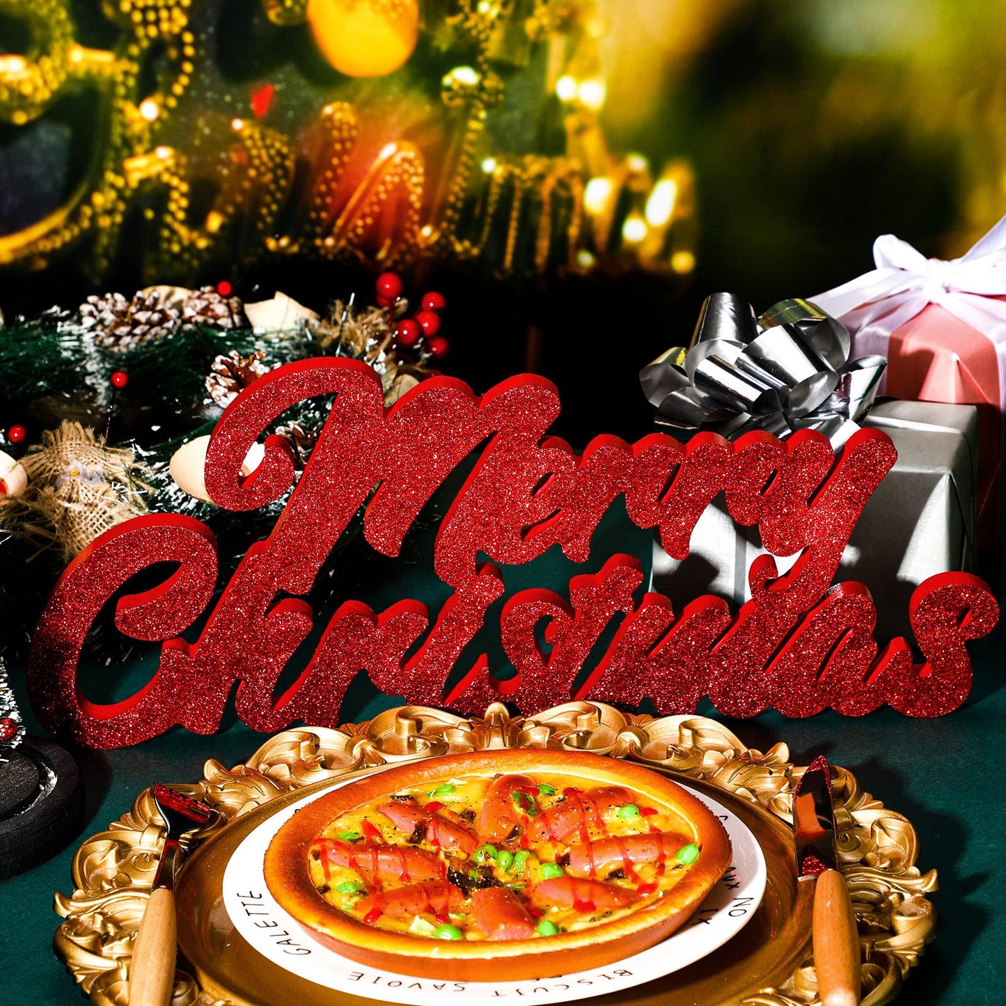 Merry Christmas Signs Merry Christmas Glitter Wood Block Freestanding Tabletop Holiday Home Decor Merry Christmas Freestanding Cutout Wood Block for Xmas Party Table Centerpiece Holiday Decor (Red)