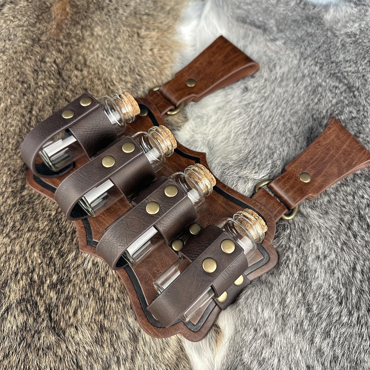 HiiFeuer Medieval Embossed Alchemy Faux Leather Buckle Belt with 4 Cork Vials, Fantasy Wizard Potion Bottles Belt (Brown B)