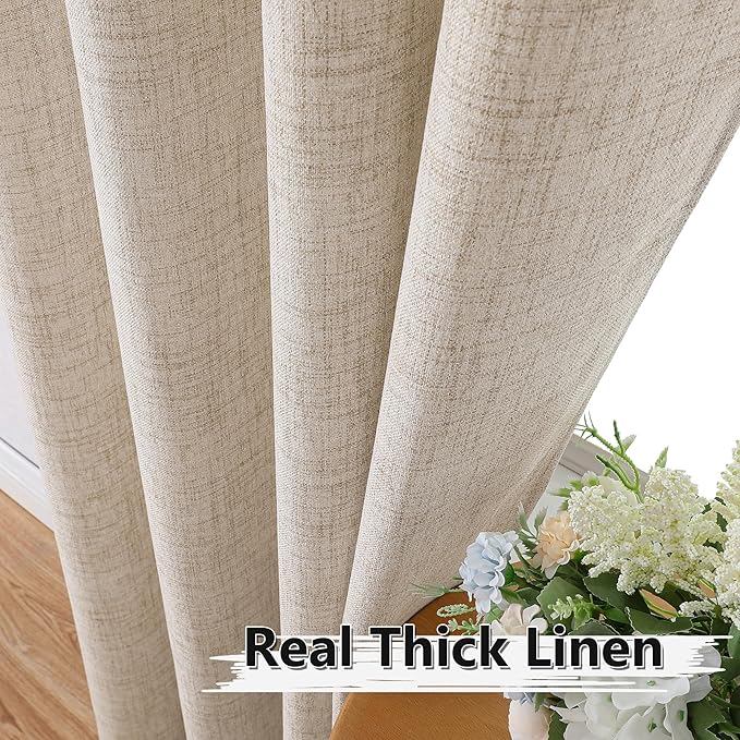 Tollpiz Linen Curtains Bedroom Rod Pocket Semi Sheer Curtain Burlap Light Filtering Thick Linen Drapes for Living Room, 54 x 84 inches Long, Natural, Set of 2 Panels