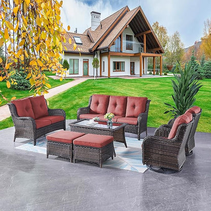 Rilyson Wicker Patio Furniture Set - 7 Piece Rattan Outdoor Sectional Conversation Sets with 2 Rocking Swivel Chairs,2 Ottomans,1 Sofa,1 Loveseat and 1 Coffee Table for Porch Deck Garden(Brown/Red)