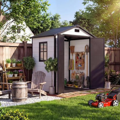 Garvee 6x4 FT Outdoor Storage Shed with Floor, Plastic Resin Garden Shed with Window & Sloping Roof & Lockable Door for Patio Backyard Garden, Lawn Mower, Bike, Tool Storage