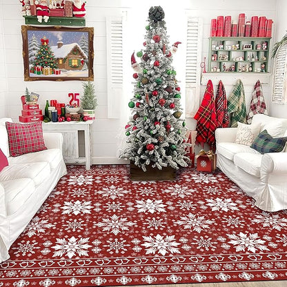 5' X 7' Christmas Rugs Xmas Area Rug for Living Room Bedroom Dining Room Dorm Classroom Nursery Red Snowflake and Plaid Carpet Doormat Floor Mat Pad Winter Vintage