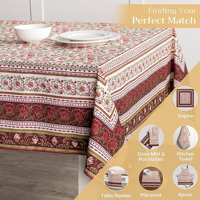 Maison d' Hermine Table Cloth Rectangle Table 100% Cotton 70 x 108 Inches Fall Tablecloth Reusable Everyday Use for Thanksgiving Christmas Decorations Dining Farmhouse Party (Reveillon Au Jardin)