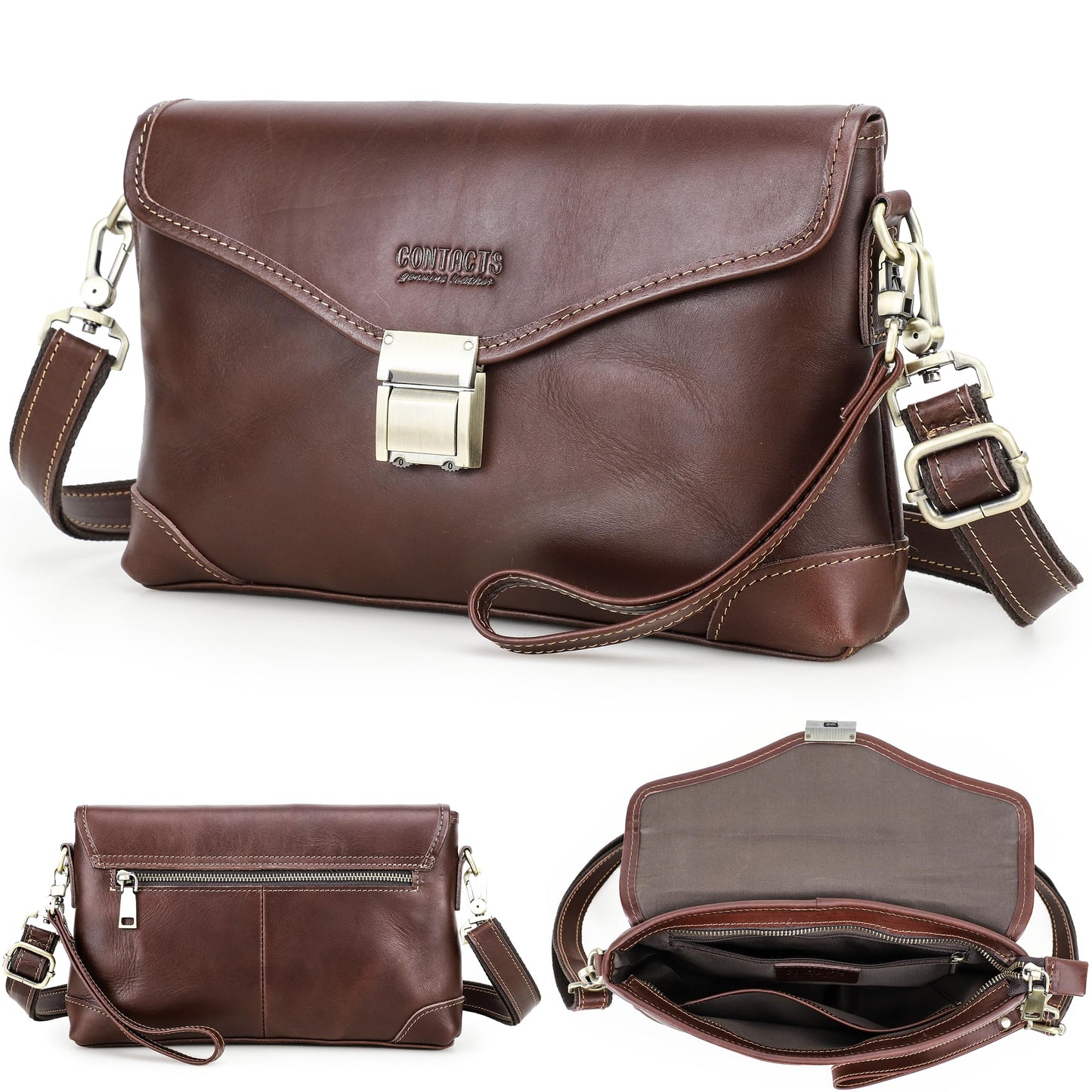 Top Grain Genuine Leather Clutch Wallet for Man & Woman, Handmade Retro Design, Combination Lock & Adjustable Shoulder Strap & Wristlet, Portable Handbag for Cards/Checks/Phone/Banknote, Dark Coffee