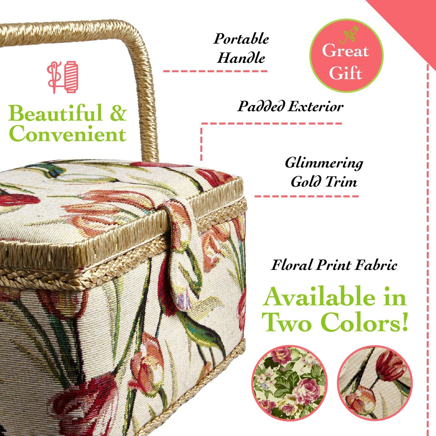 Sewing Basket with Tulip Floral Print Design- Sewing Kit Storage Box with Removable Tray, Built-In Pin Cushion and Interior Pocket - Large - 12" x 9" x 6" - by Adolfo Design