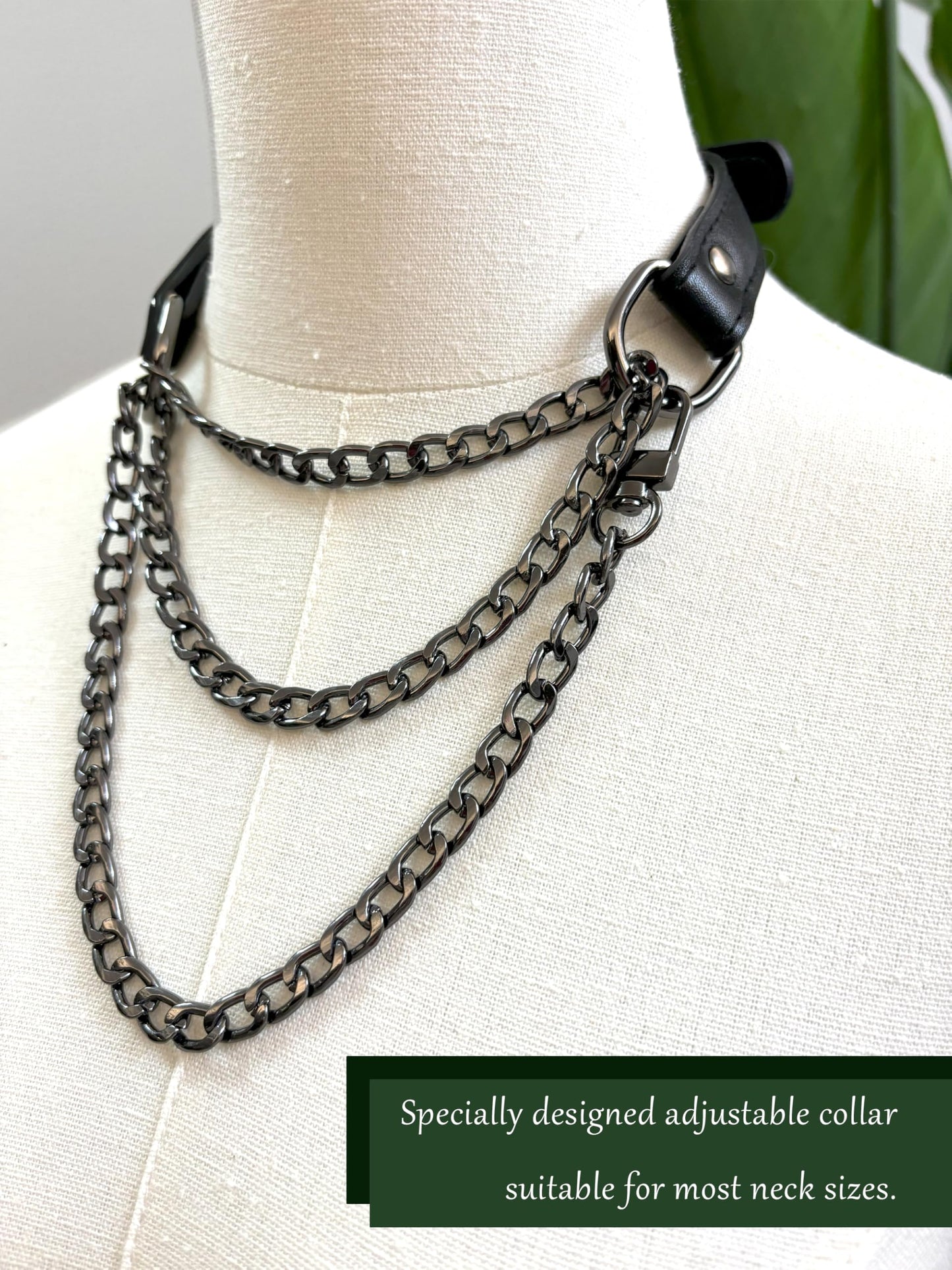 EverGlimp Handmade Black Vegan Leather Choker Collar For Women, Adjustable Triple-Layer Slip Chain Necklace