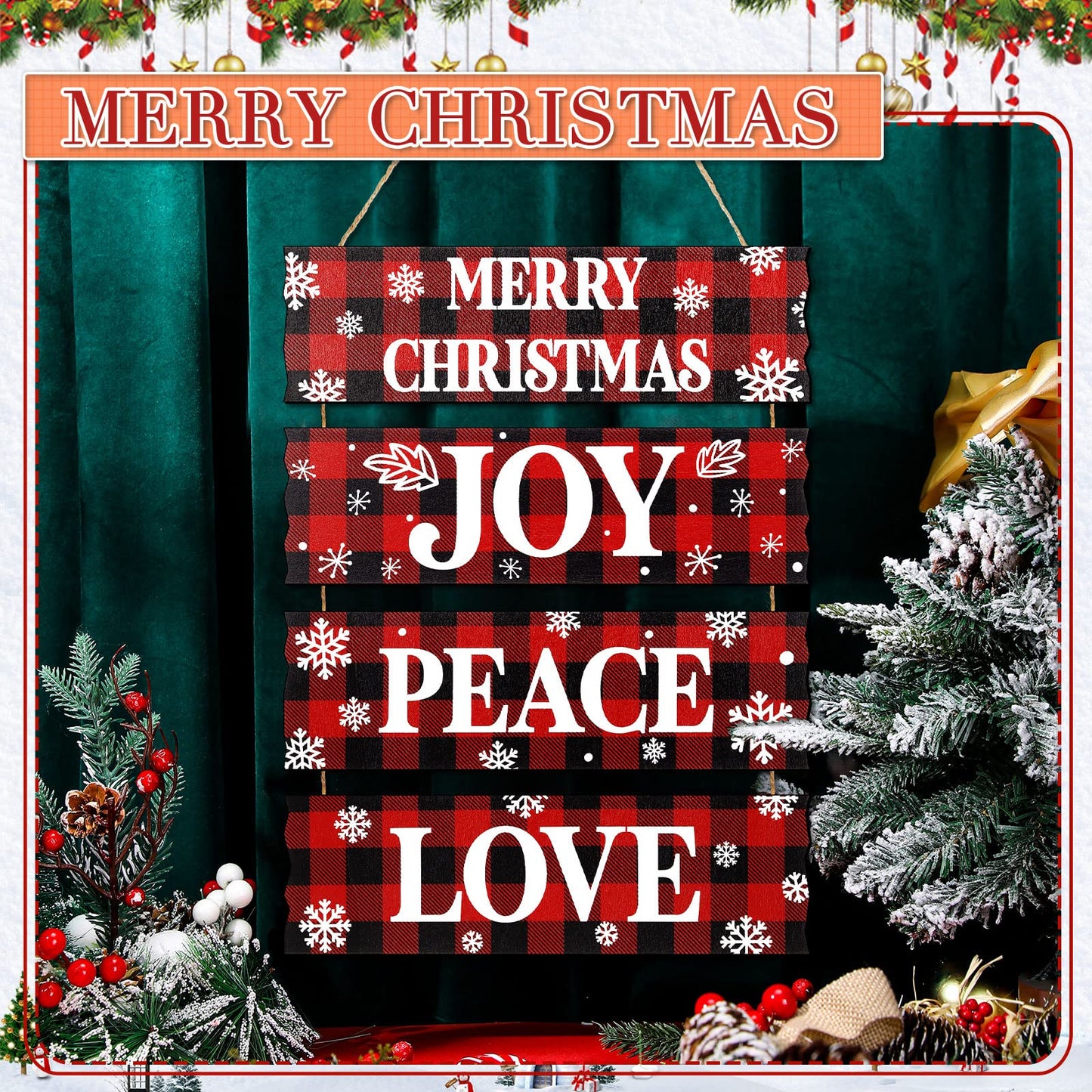 Geelin 4 Pcs Christmas Wood Hanging Signs - Merry Christmas, Joy, Peace, Love - Wooden Square Sign Decoration for Home Indoor Outdoor(Plaid Style)