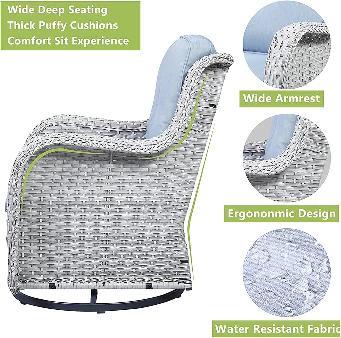 Rilyson Wicker Rocking Chair Swivel Chairs – 6 Piece Rocker Patio Furniture Set Rattan Rocking Bistro Sets with Glass Top Side Table for Outdoor Porch Deck Garden Backyard(Light Grey/Sky Blue)