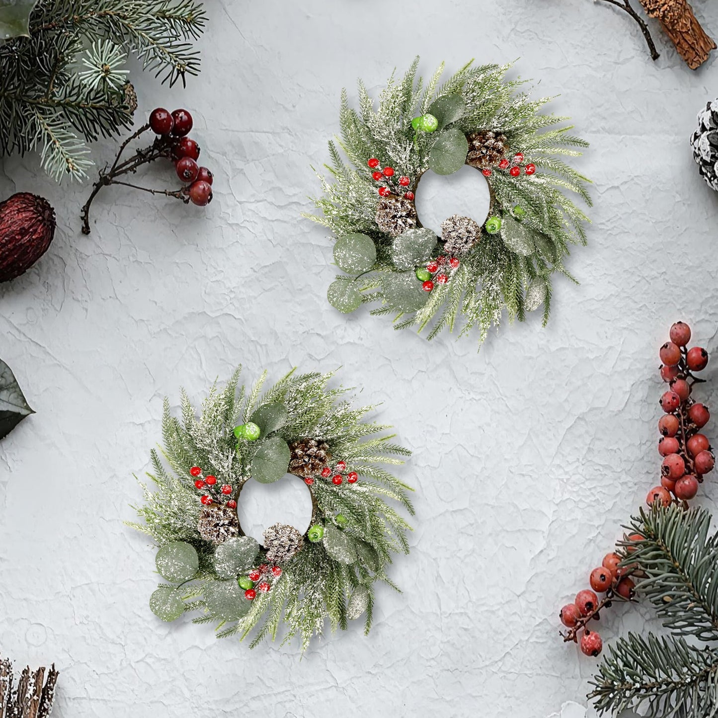 Christmas Candle Rings Wreaths,Snowy Norfolk Pine Garland Red Green Berry Eucalyptus Leaves Pinecones Wreaths,Pillar Candle Rings for Home Christmas Table Centerpiece Decorations