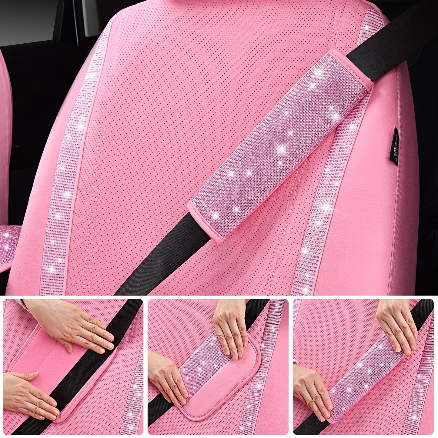 CAR PASS 24 PCS Pink Bling Diamond Accessories Set for Women, Leather Seat Covers, 15'' Steering Wheel Cover, Shining Rhinestone Sparkly Hooks, Coasters, Cute Interior Decorations
