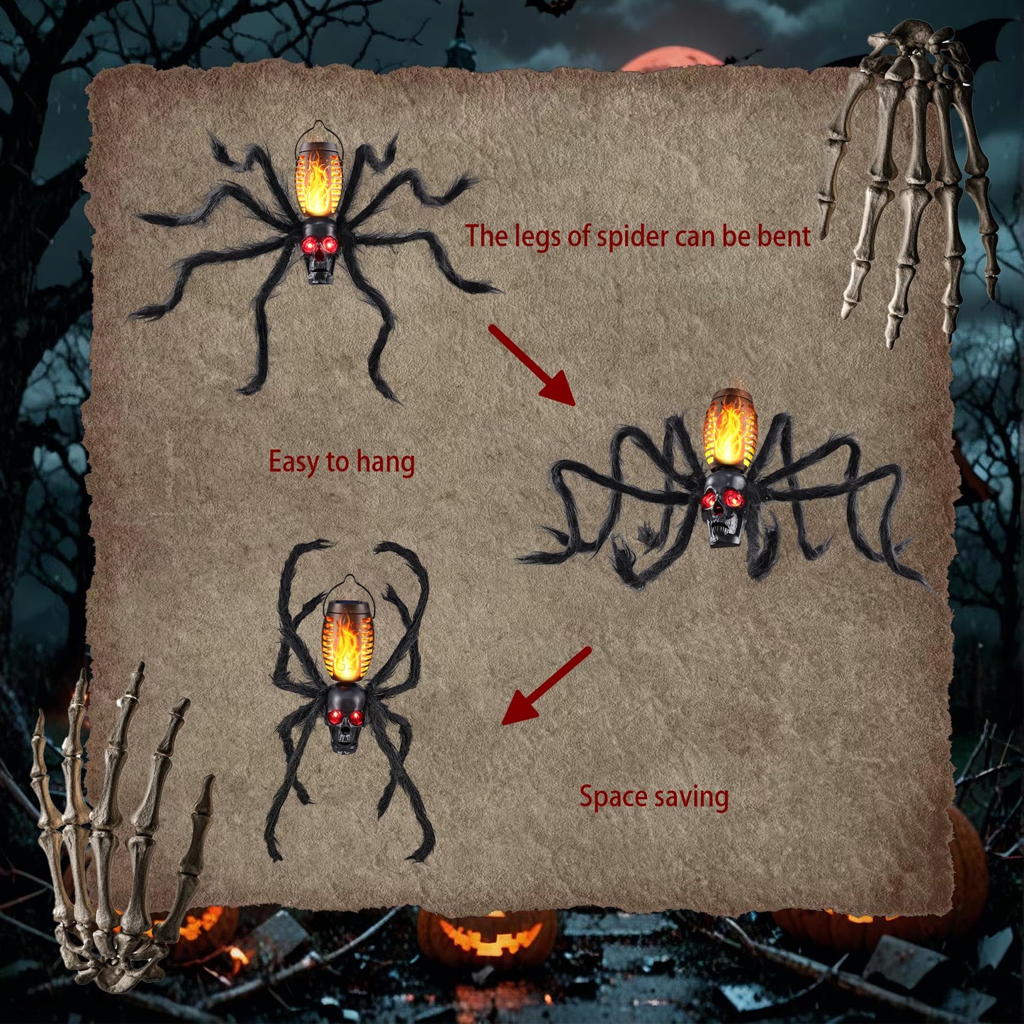 Halloween Skull Flame Light with 8 Spider Tentacles - Solar Powered Outdoor Lighting Decoration for Halloween Parties, Gardens, and Haunted Displays (Orange, 1 Pack)