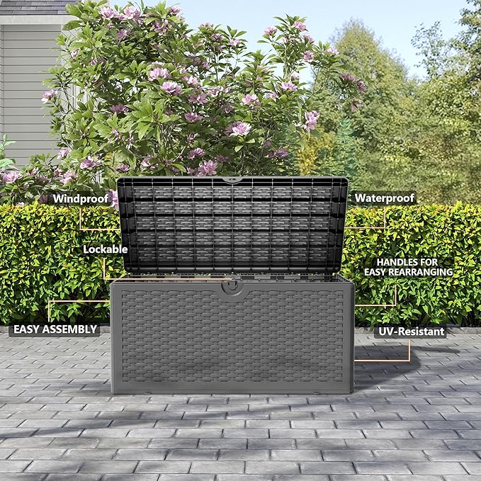 Upgrade 80 Gallon Waterproof Large Resin Deck Box Indoor/Outdoor Lockable Storage Container and Seating for Garden, Pool, and Patio (80 Pro Gallon, Black)