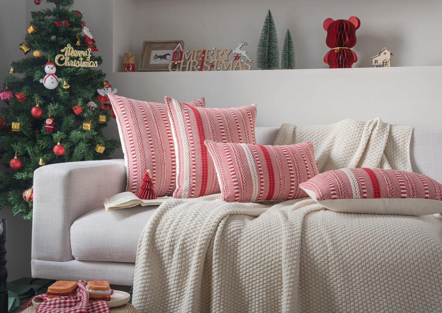 Cethom Christmas Pillow Covers 18x18 Inch Set of 2, Farmhouse Boho Christmas Decoration Couch Pillow Cases, Red Accent Pillows of Bed, Sofa Bedroom Living Room Home Decor Cushion Cover