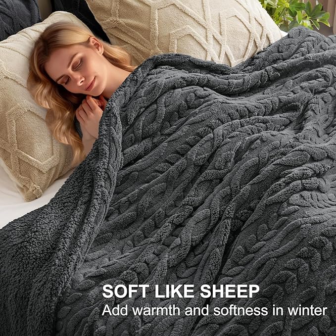 PHF Fluffy Sherpa Blanket Twin Size for Winter, Warm and Soft, 510GSM 3D Jacquard Thick Shaggy Fleece Plush Blanket for Sofa Bed, Dark Grey, 60"x80"