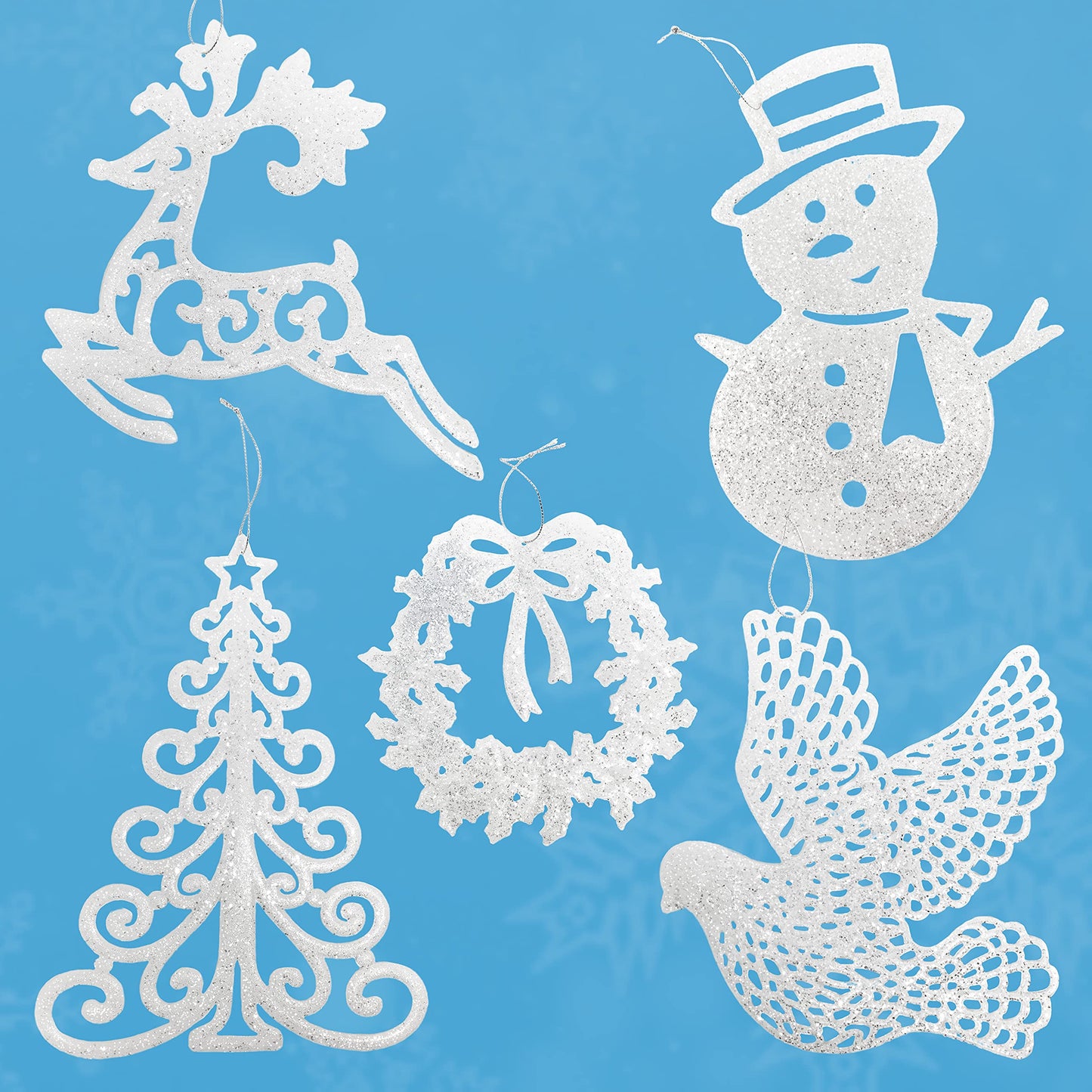 White Christmas Tree Ornaments Set of 5 – Large Glittered Holiday Decorations with Snowman, Reindeer, Dove, Wreath & Christmas Tree – 9” Shatterproof Hanging Ornaments for Winter & Farmhouse Décor