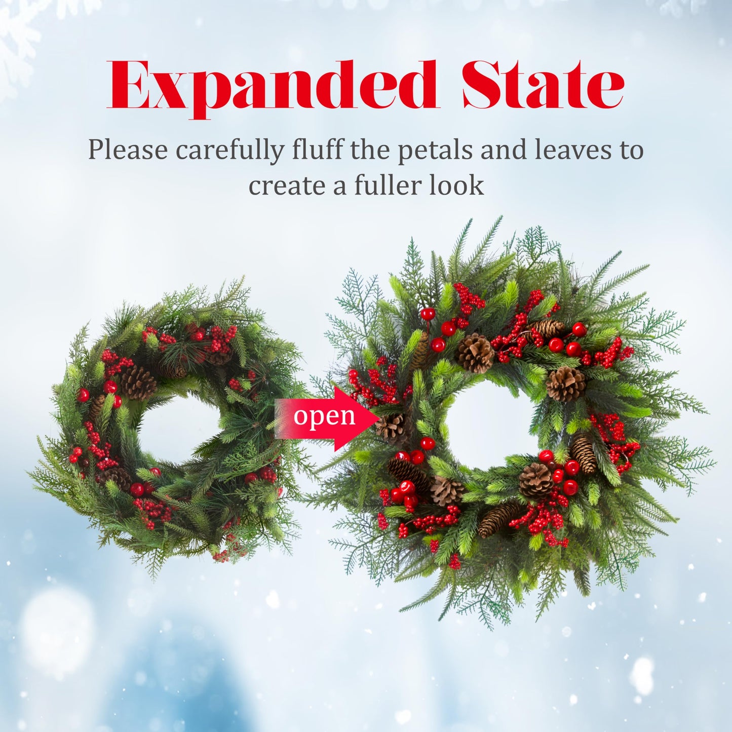 24 Inch Christmas Wreath with Red Berries, Pinecones and Greenery – Artificial Holiday Front Door Cedar Wreath for Farmhouse, Winter Indoor Outdoor Xmas Home Décor